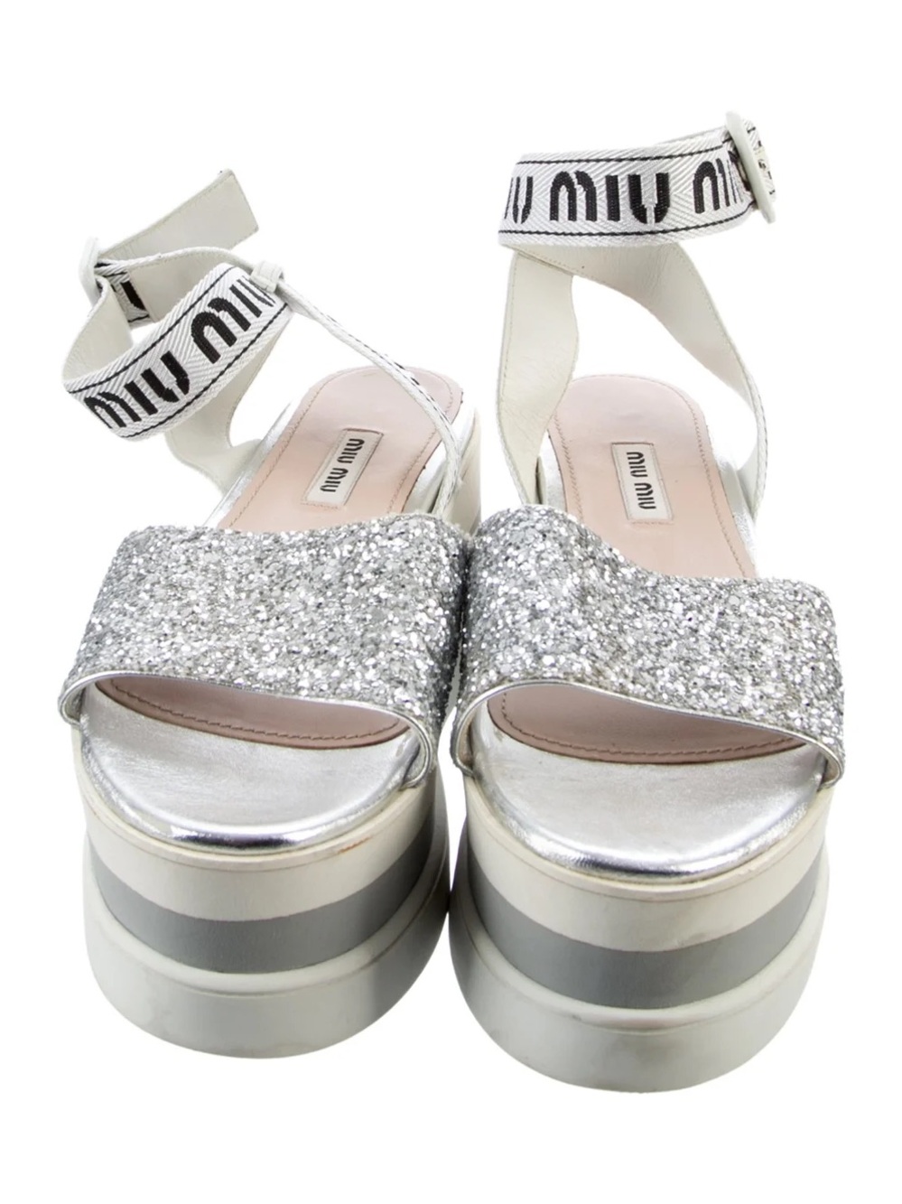 Miu Miu Silver Glitter Logo Ankle-strap Platform Sandals